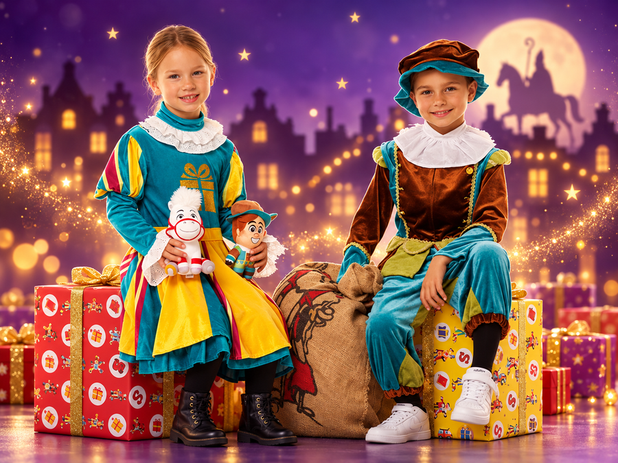 Twee kinderen in Pietenkostuum met knuffels tussen de Sinterklaascadeaus