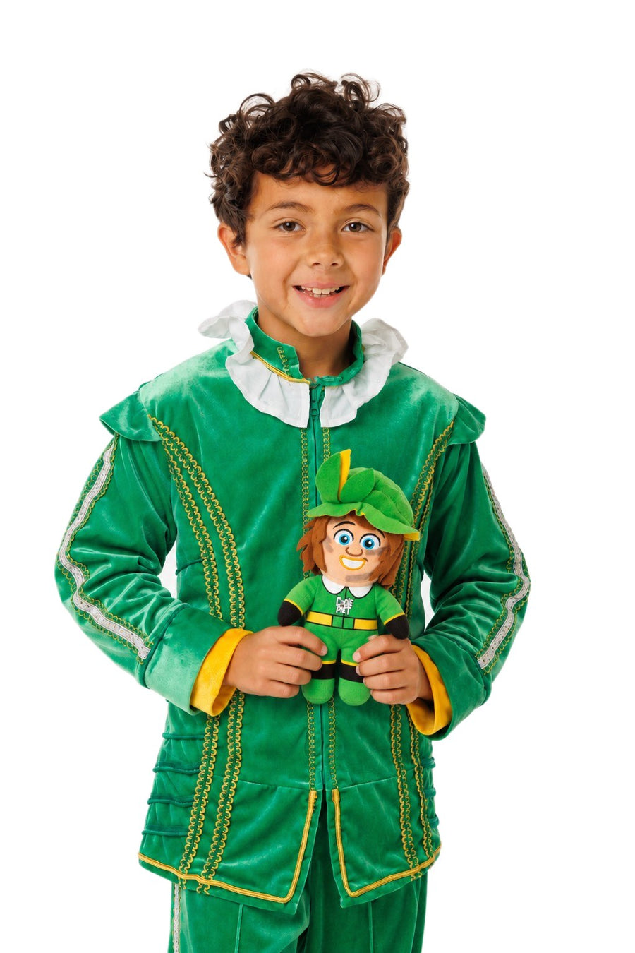 Coole Piet fanset: jongen in het Coole Piet verkleedkostuum houdt de Coole Piet knuffel vast
